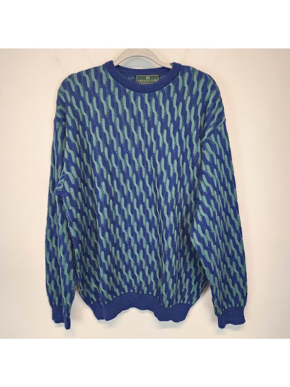 Embassy Row Mens Geo Knit Sweater Size XL Blue Green Merino Wool Vintage 90s